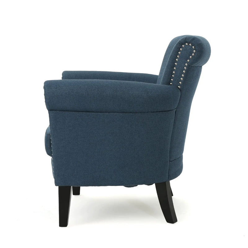 Elegant Navy Blue Fabric Club Chair with Nailhead Trim and Birch Wood Legs by HouseOfZazla