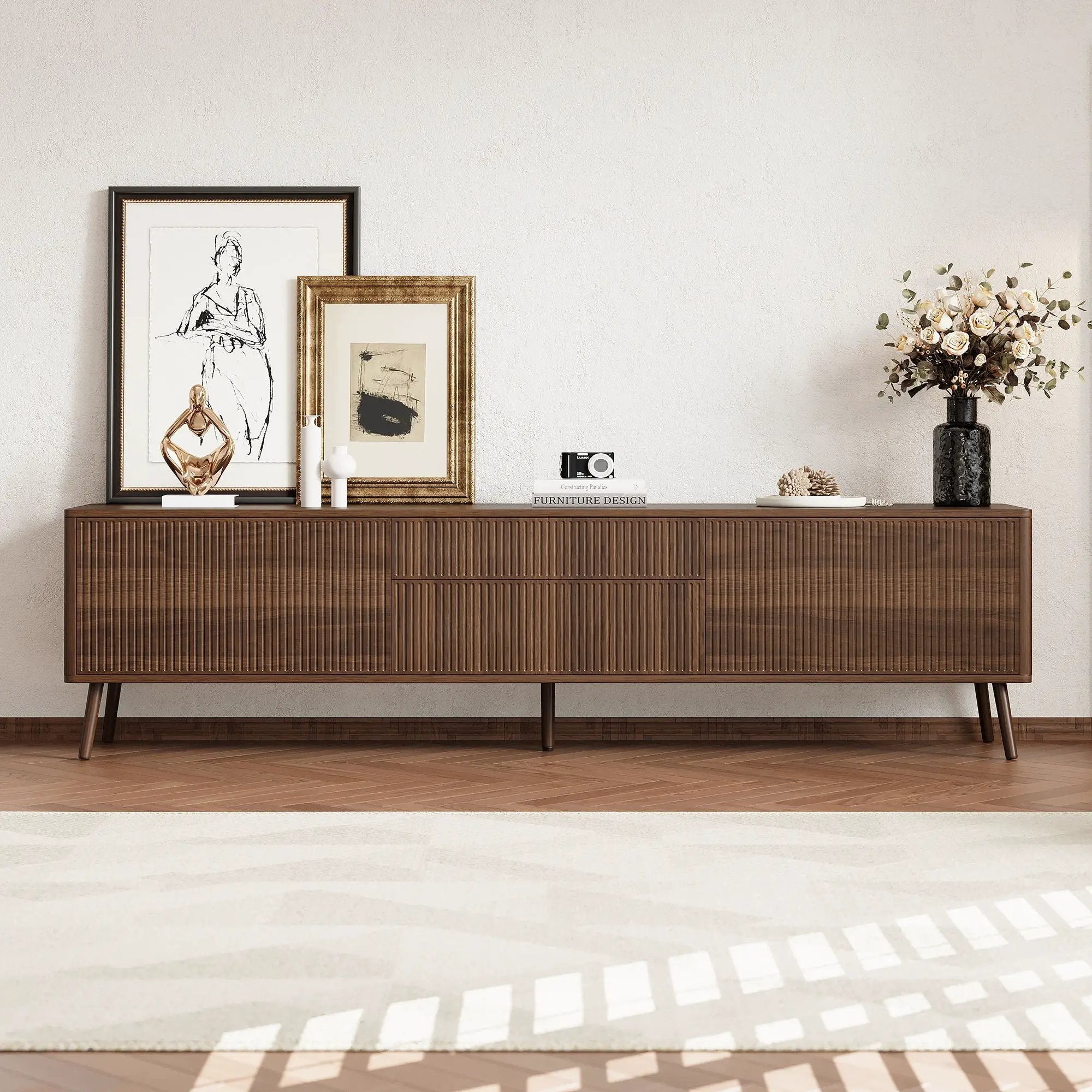 Fluted TV Stand With Storage Drawers And Cabinets For TVs Up To 80", Soft-Close Hinges, Cable Management - Walnut by HouseOfZazla