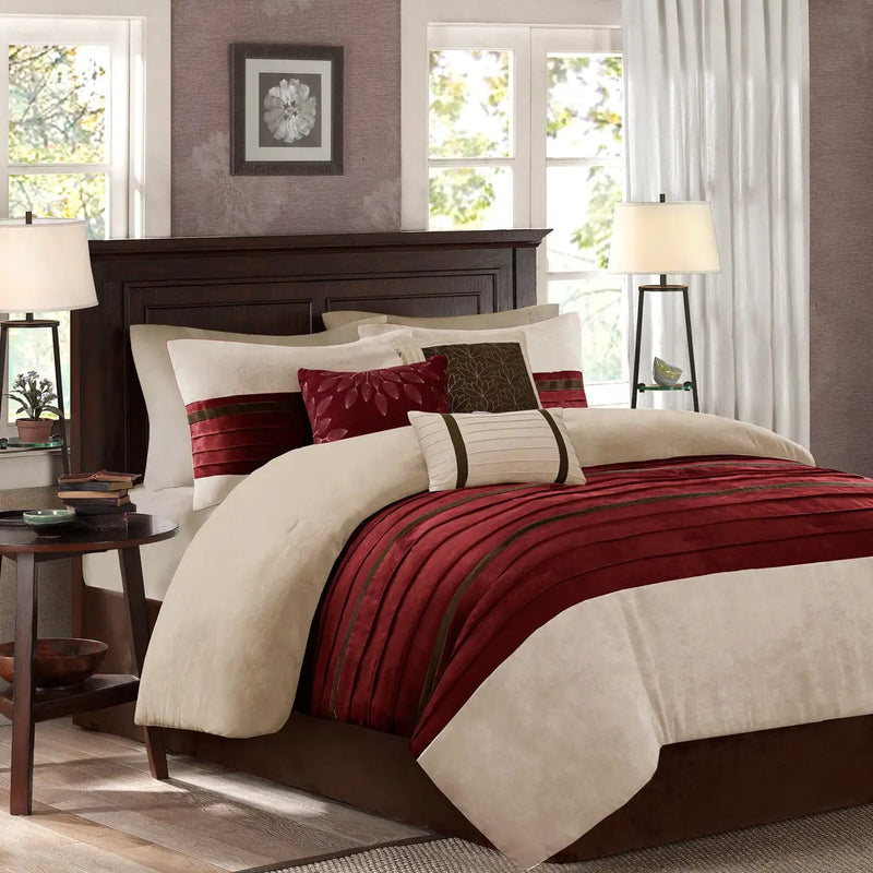 7 PC Pieced Faux Suede Comforter Set Red Cal King by HouseOfZazla
