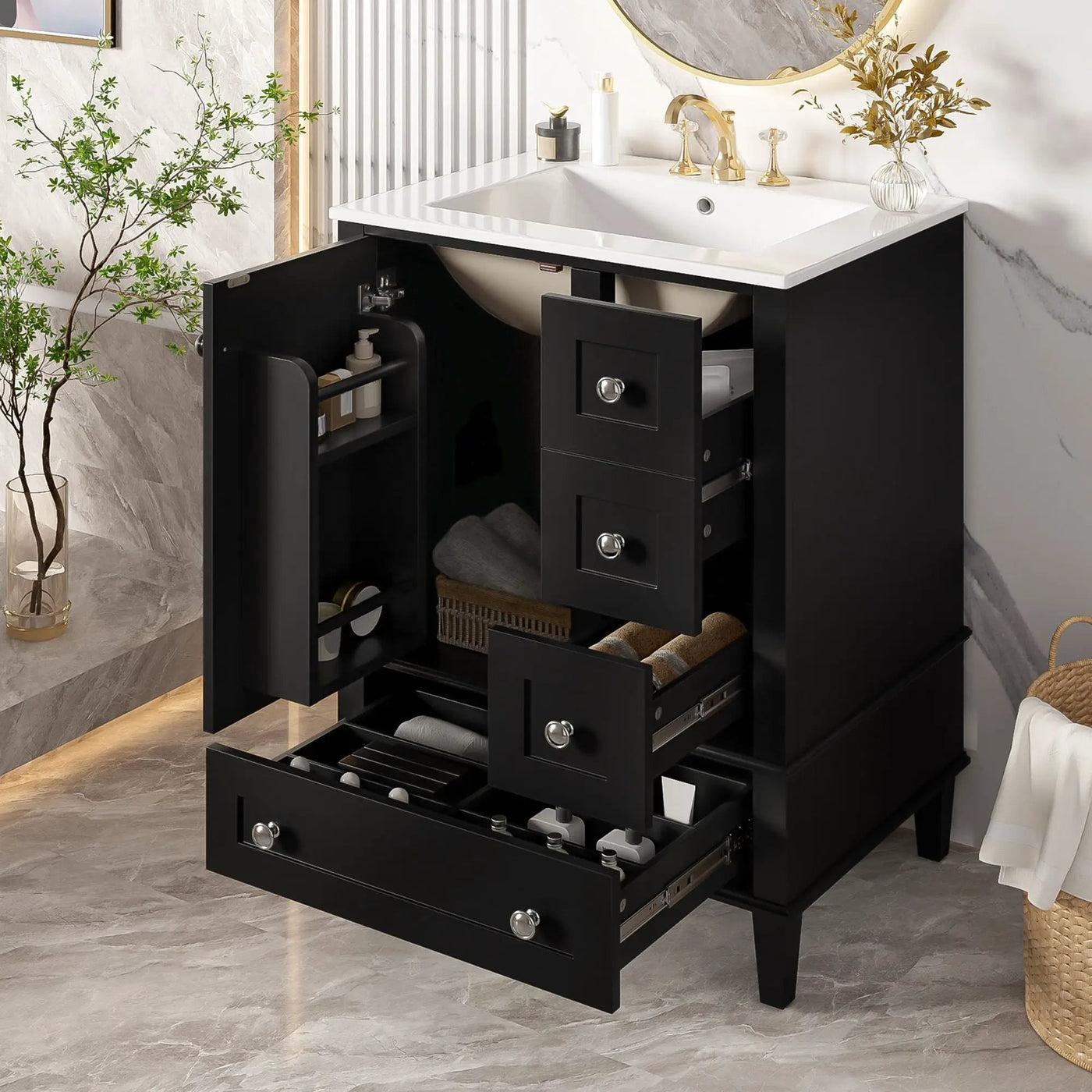 Bathroom Vanity With Integrated Basin, Soft Close Drawers, Door Mounted Double Layer Shelf by HouseOfZazla