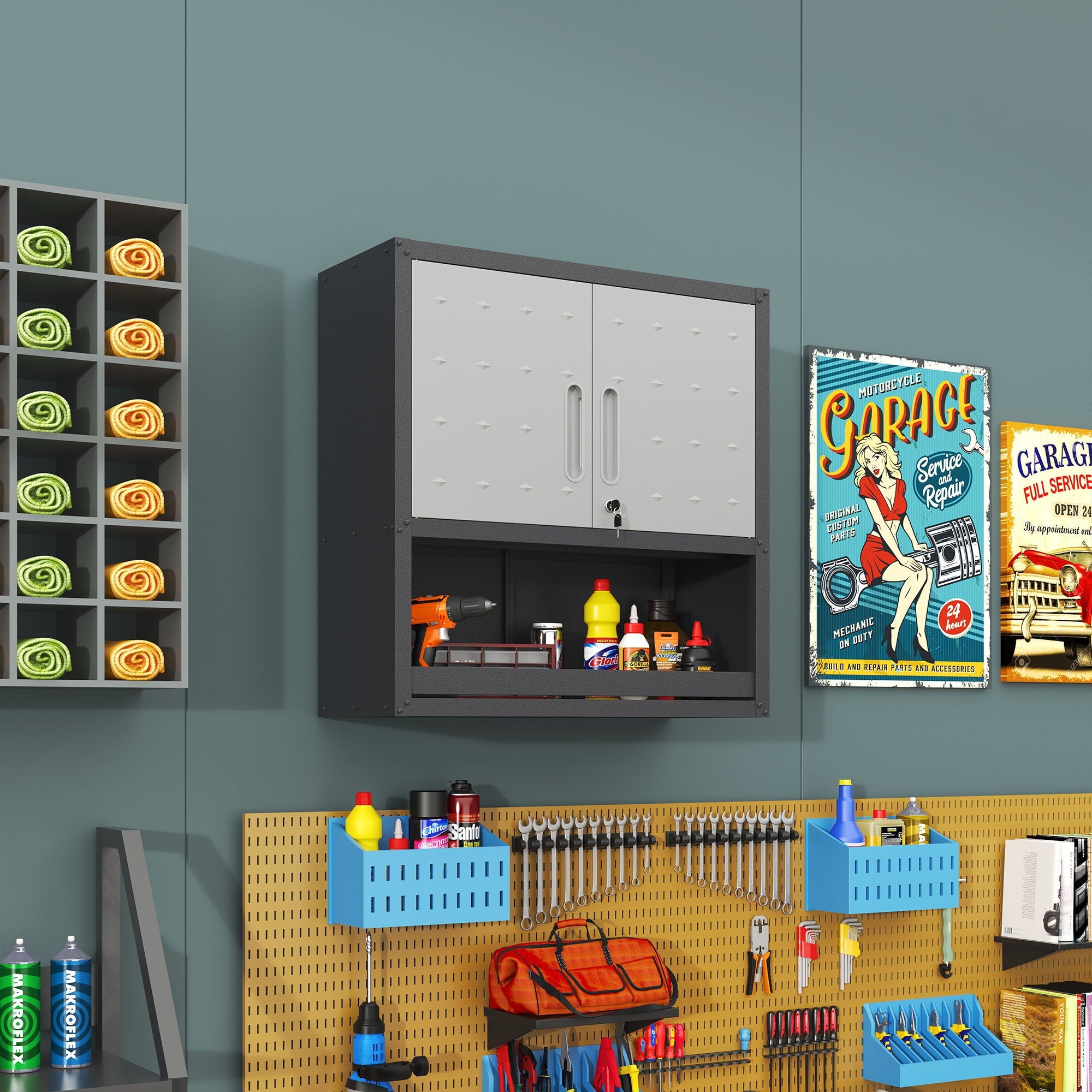 Metal Wall Mounted Tool Storage Cabinet With Locking Door, 1 Shelf & 1 Drawer by HouseOfZazla