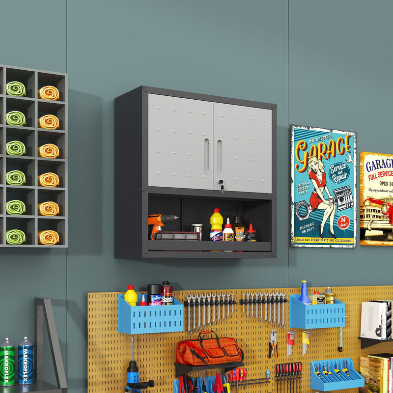 Metal Wall Mounted Tool Storage Cabinet With Locking Door, 1 Shelf & 1 Drawer by HouseOfZazla