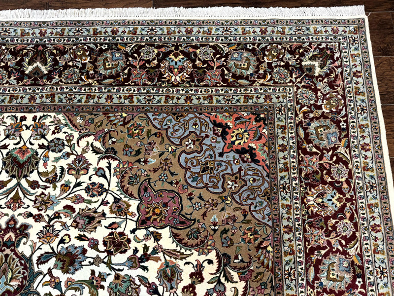 Persian Tabriz Rug 8x11, Floral Medallion Traditional Area Rug, Fine 300 KPSI, Ivory Maroon by Jewel Rugs