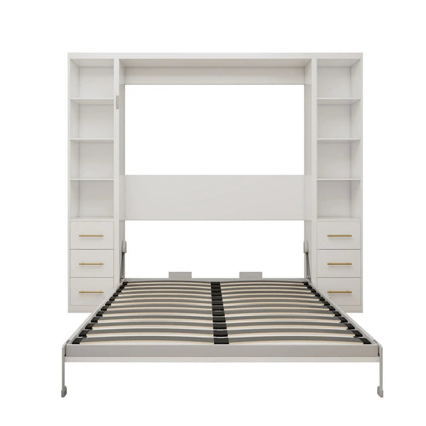 Queen Size Murphy Wall Bed With Side Storage Cabinets - White