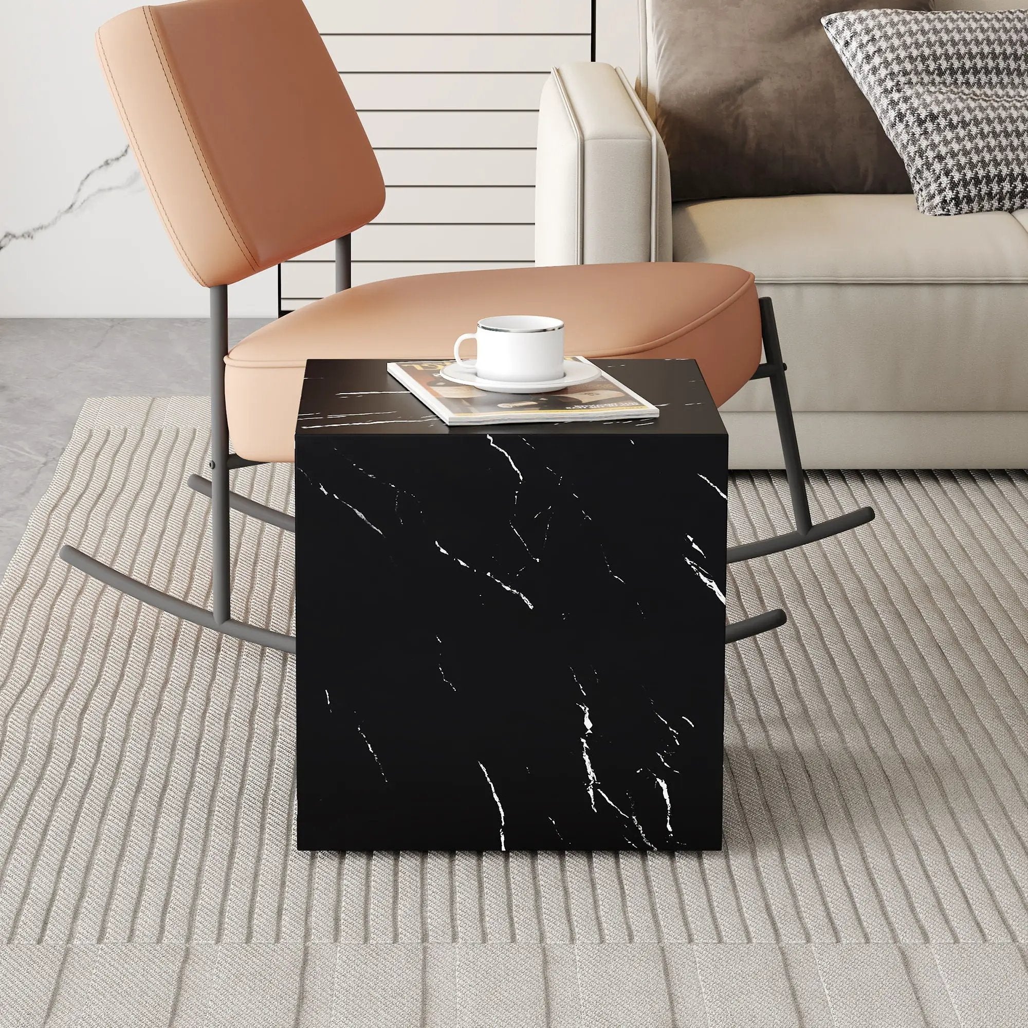 Luxurious Marble Texture Coffee Table Cube Design Elegant Living Room Accent - Black by Unique Piece Furniture