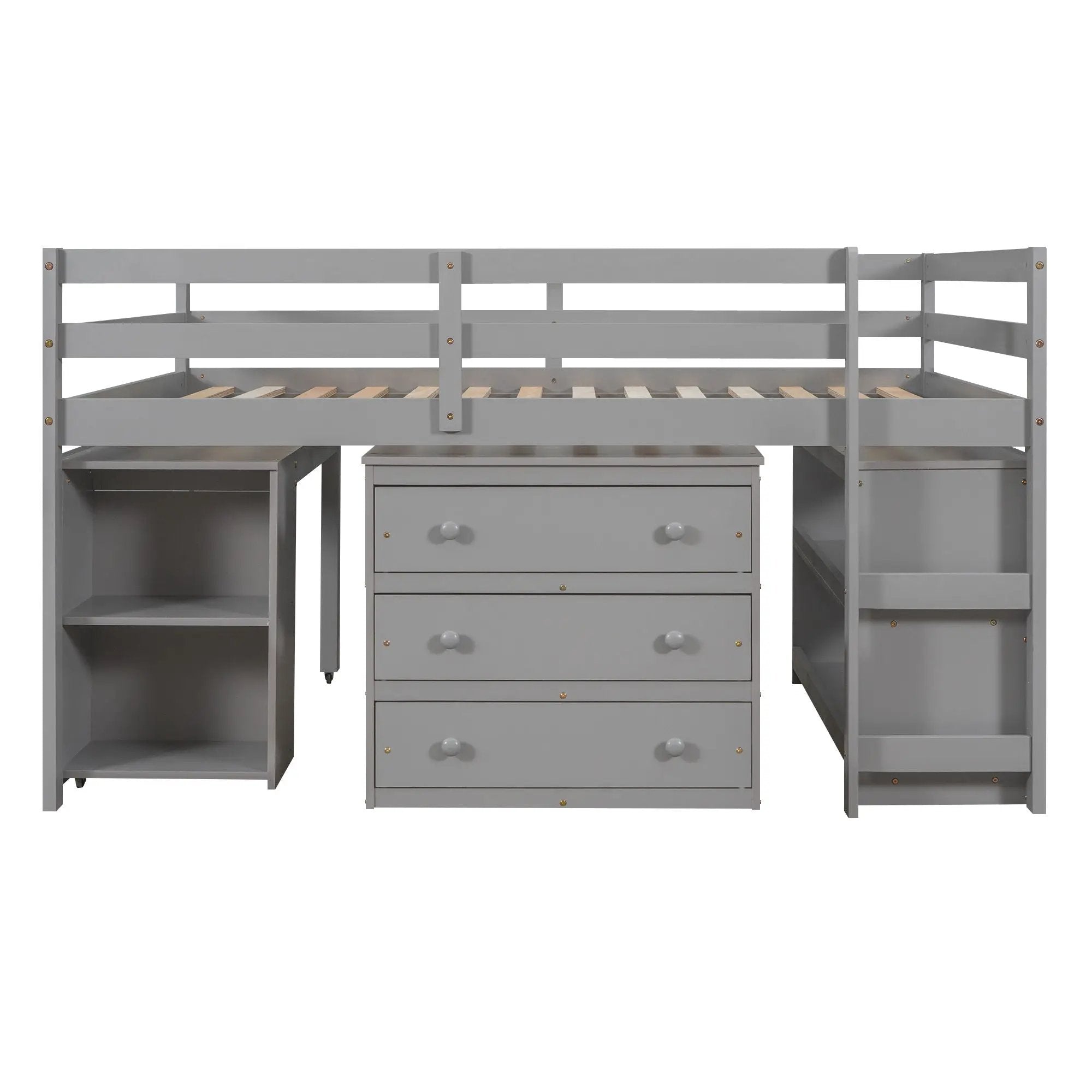 Loft Low Study Bed With Cabinet, Shelves And Rolling Portable Desk, Multiple Functions by HouseOfZazla