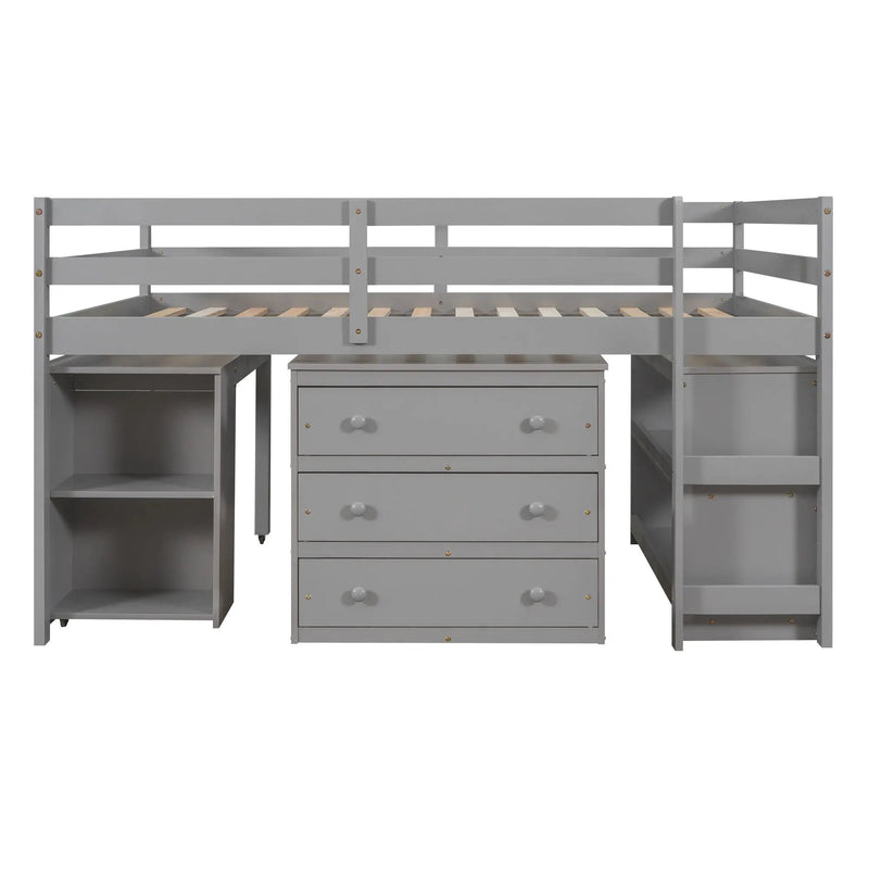 Loft Low Study Bed With Cabinet, Shelves And Rolling Portable Desk, Multiple Functions by HouseOfZazla
