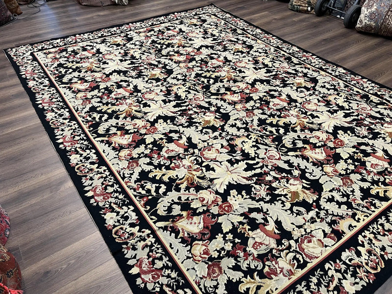 Wool Needlepoint Rug 9x12, William Morris Vintage Chinese Needlepoint Carpet 9 x 12, Handwoven, Allover Floral Area Rug, Black Light Green by Jewel Rugs