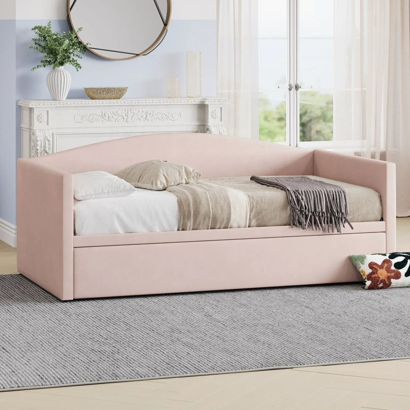 Daybed With Pop Up Trundle, Upholstered Sofa Bed by HouseOfZazla