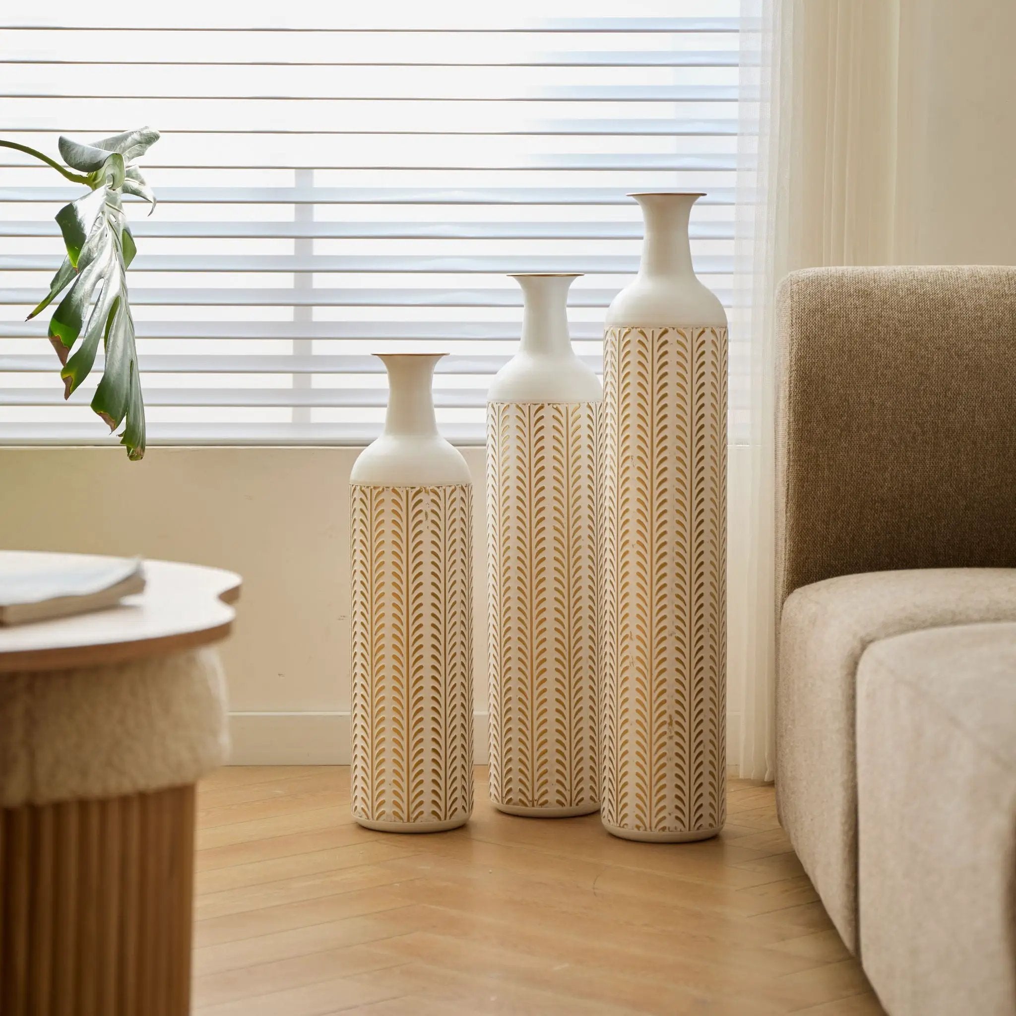 Floor Metal Vase Modern Style Decoration Home Metal Vase 3 Piece Set Gorgeous Home Decoration Large Glazed Metal Vase - Gold / White by HouseOfZazla