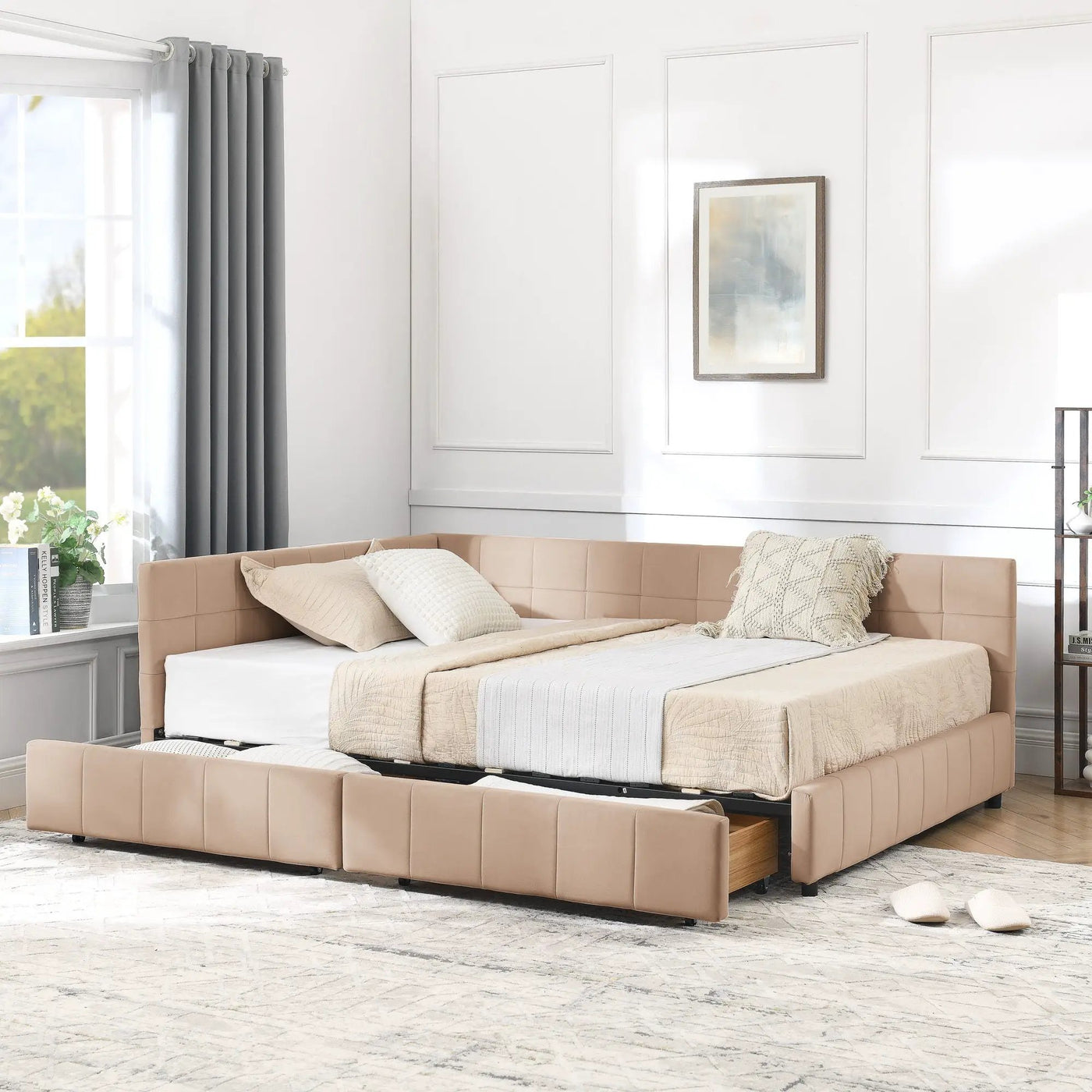 Mid-Century Storage Upholstered Tufted Bed Frame With Backrest And Armrests by Unique Piece Furniture