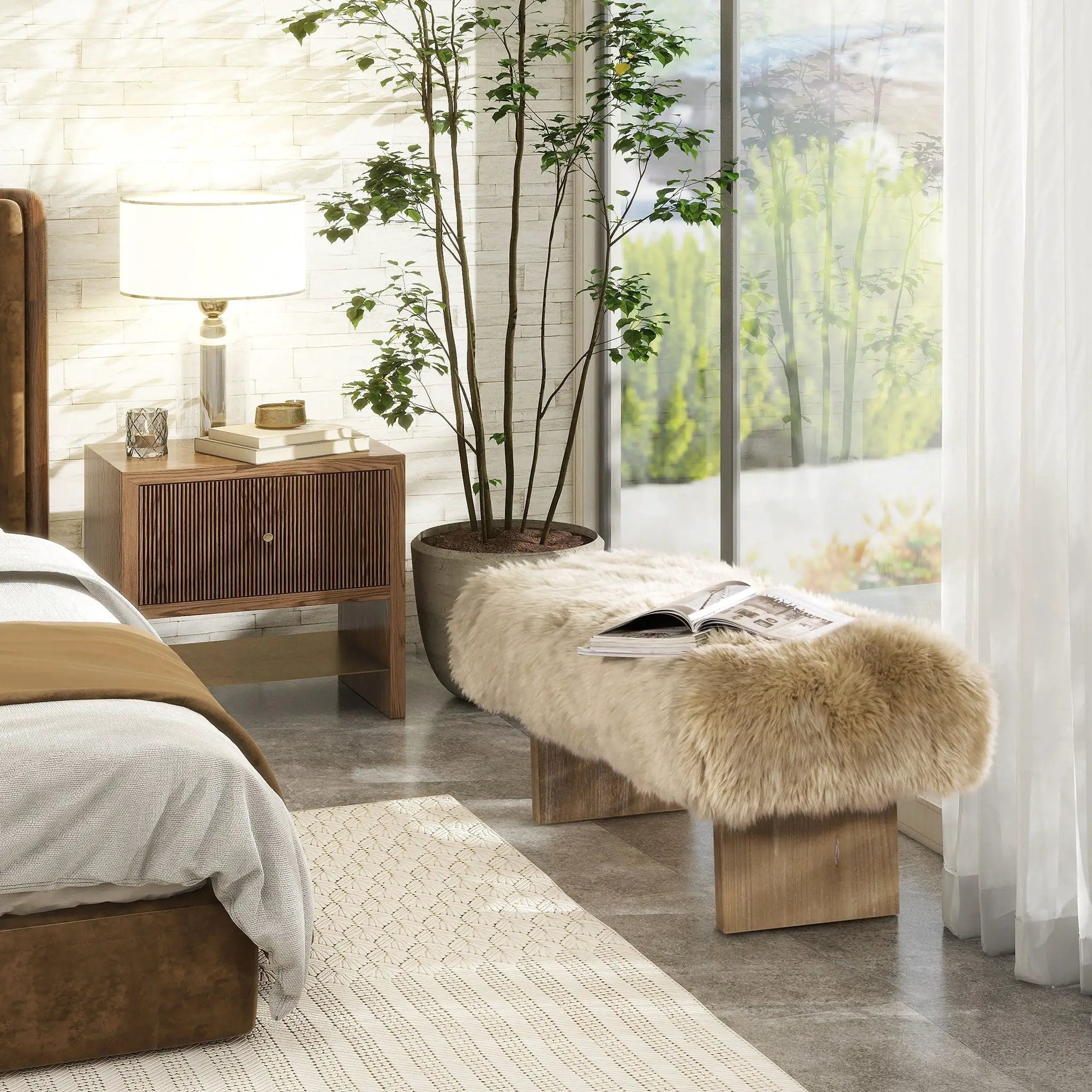 Leda - Sheepskin Fur Rectangular Accent Bench - Natural Blonde by HouseOfZazla