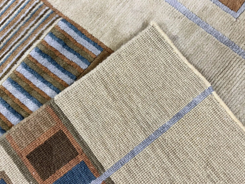 Tibetan Rug 5x8, Contemporary Rug 5 x 8 ft, Cream Brown Blue Hand-Knotted Wool w/ Silk Highlights Tibetan Carpet, Modern Rug by Jewel Rugs