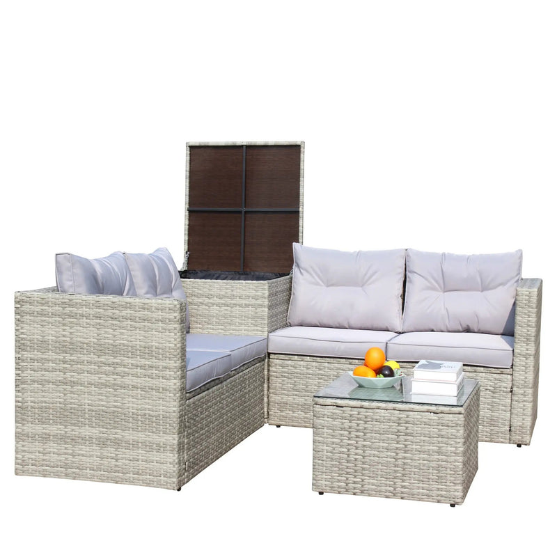 4 Piece Patio Sectional Wicker Rattan Outdoor Furniture Sofa Set with Storage Box Grey by HouseOfZazla