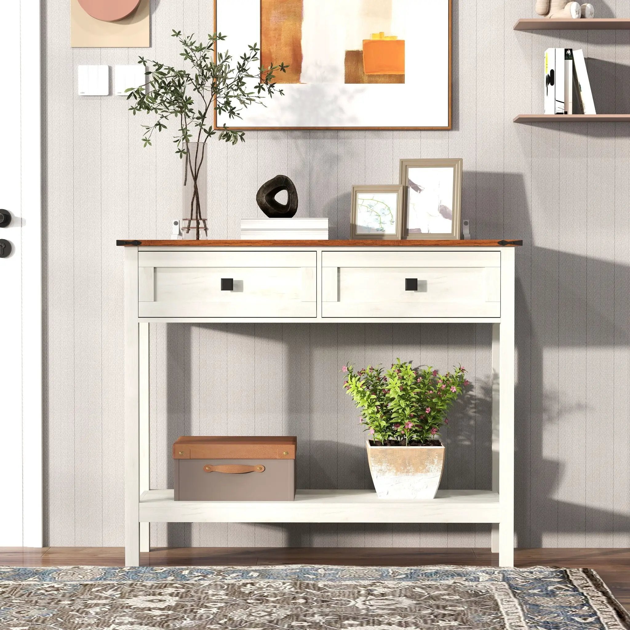 Farmhouse Style Console Table With 2 Drawers And Bottom Storage Shelf by Unique Piece Furniture