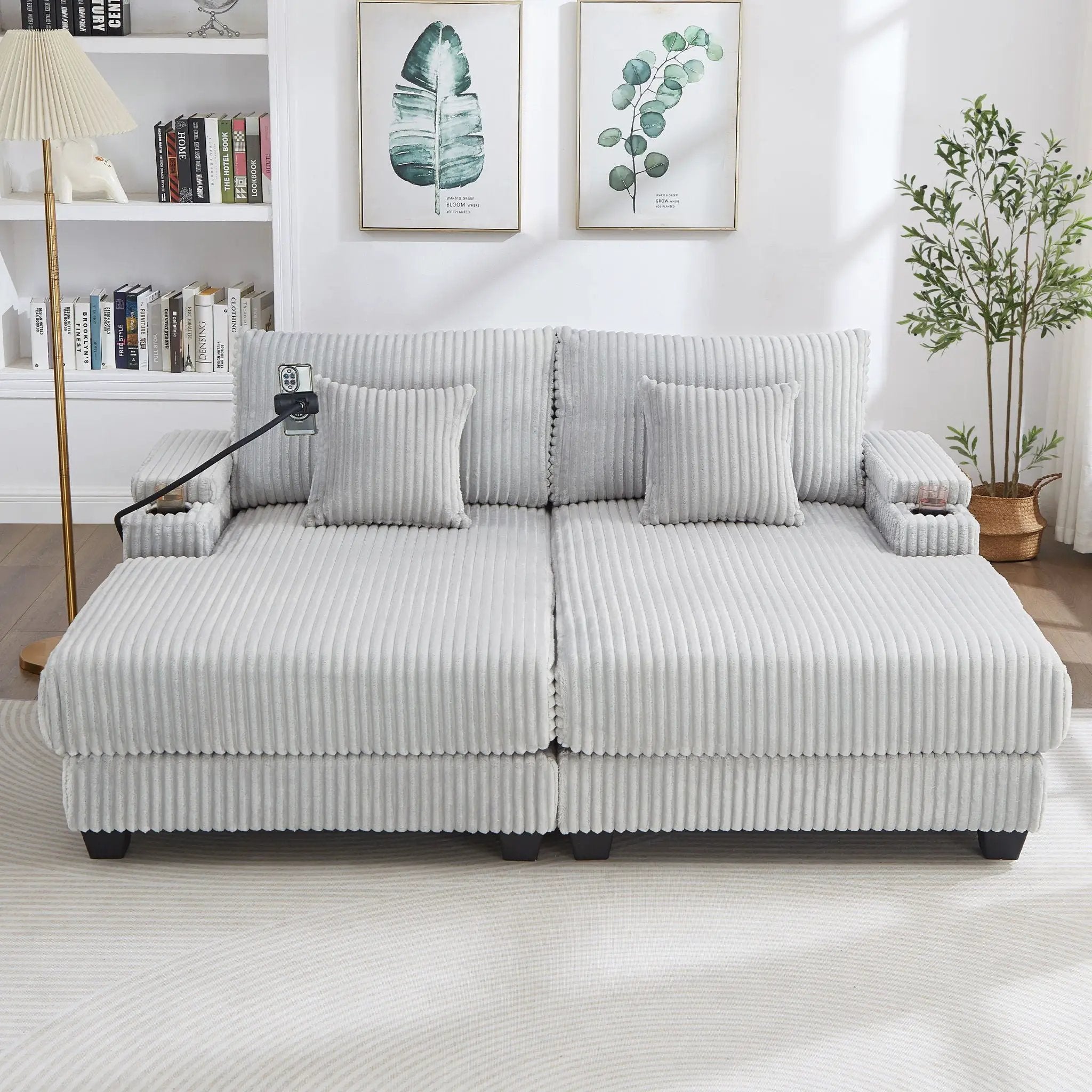 Modern Chaise Sofa With Adjustable Backrest, Cup Holders, Phone Holder & Storage Compartments For Living Room by Unique Piece Furniture