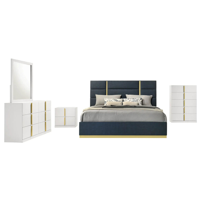 Ines 5-piece Eastern King Bedroom Set Navy and White High Gloss by Unique Piece Furniture