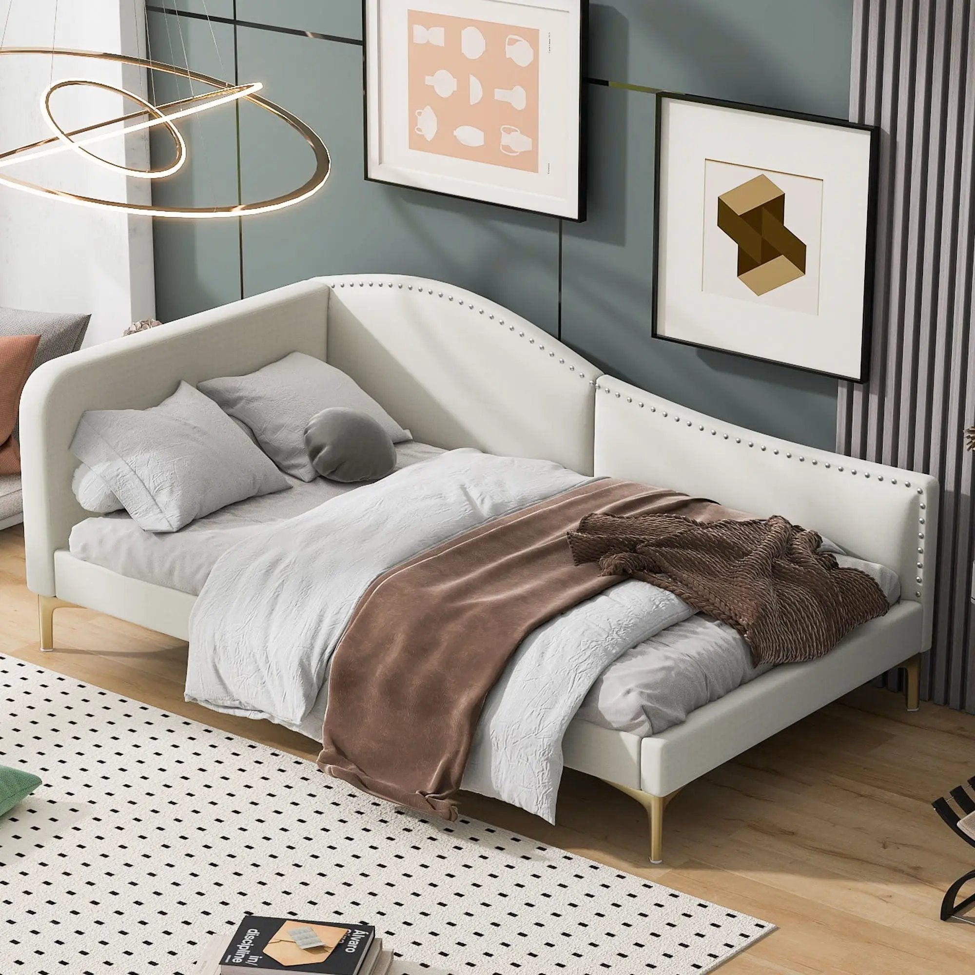 Upholstered Daybed With Headboard And Armrest, Support Legs by HouseOfZazla