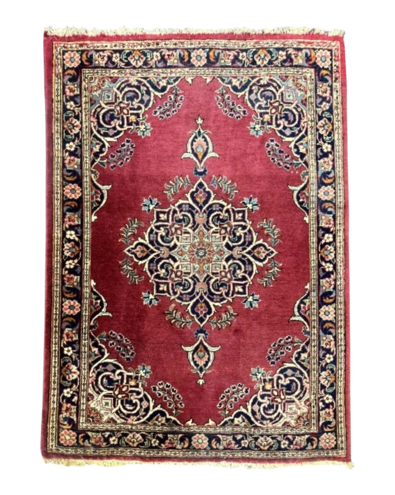 Small Persian Kashan Rug 2x3, Red and Navy Blue, Handmade Vintage Wool Semi Antique Persian Carpet, Semi Open Field, Pair B by Jewel Rugs