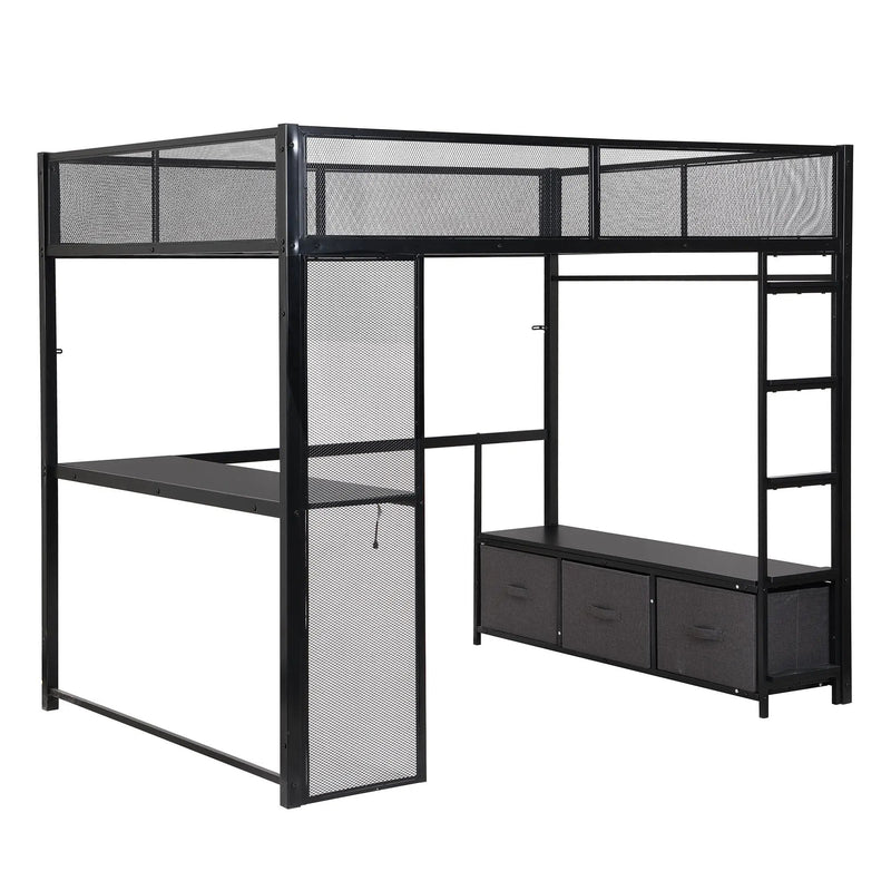 Full Size Gaming Loft Bed With LED Desk, Open Wardrobe, 3 Linen Storage Drawers - Black by HouseOfZazla