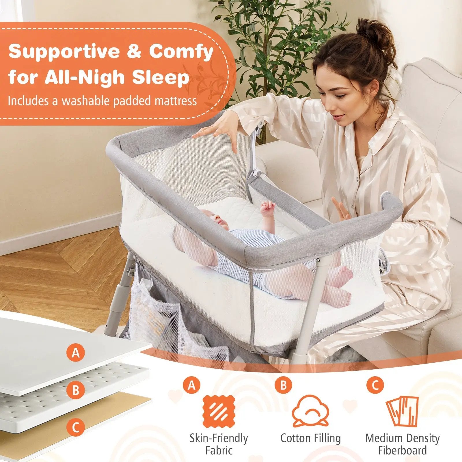 Baby Bassinet Bedside Crib with Adjustable Height Comfy Mattress by DirectDeals