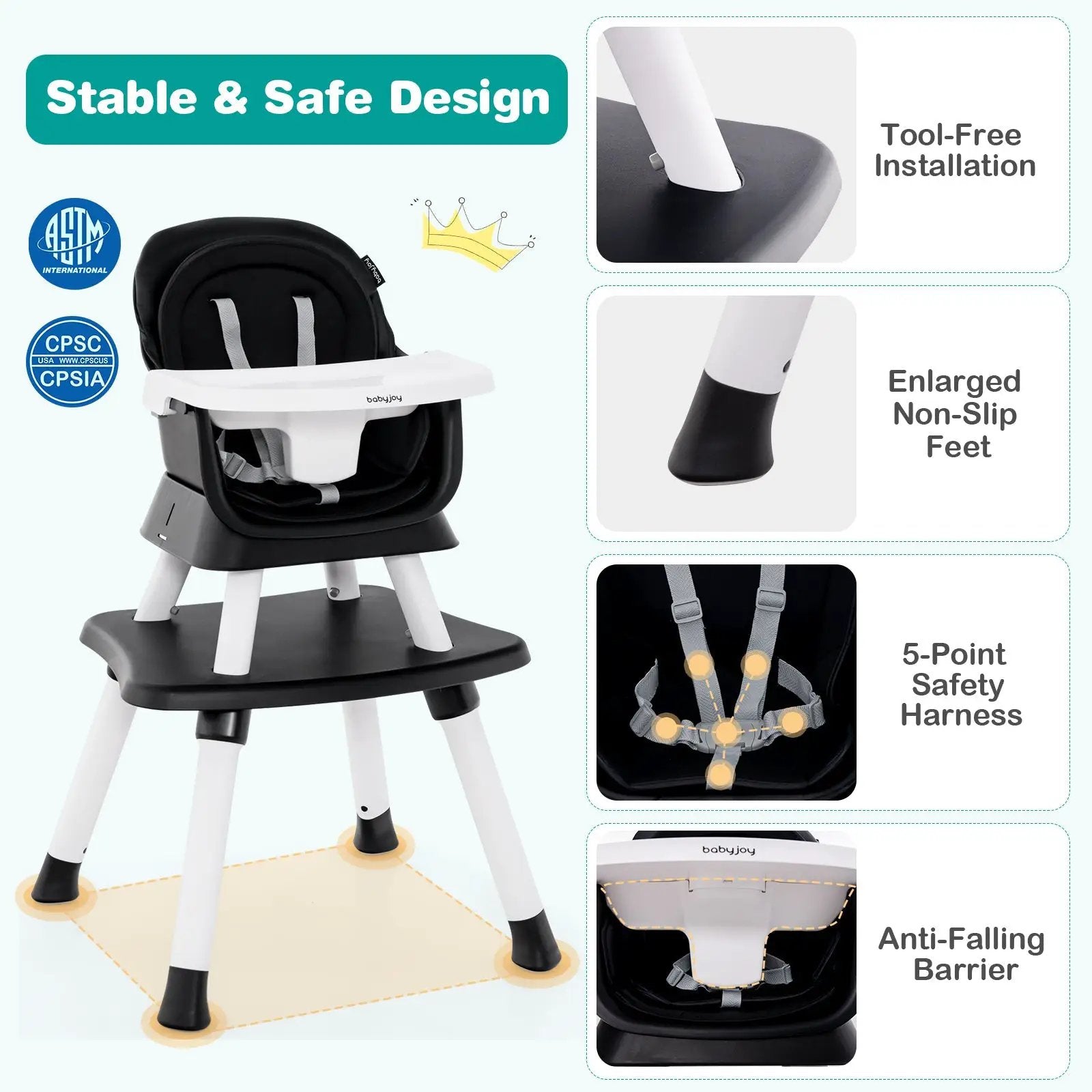 6-in-1 Convertible Baby High Chair with Adjustable Removable Tray by DirectDeals
