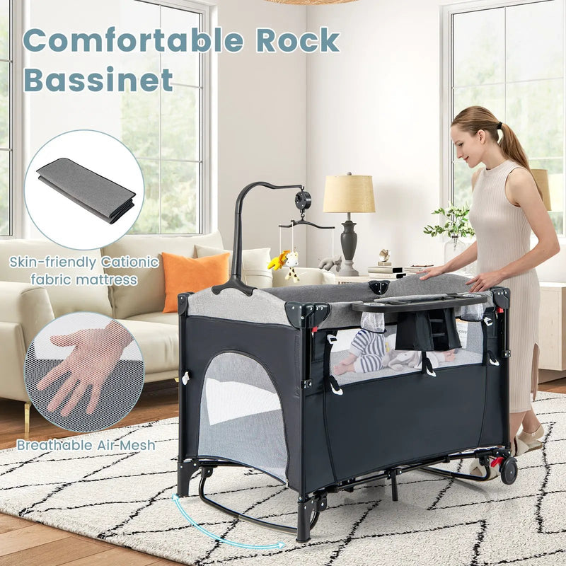 5-in-1 Baby Nursery Center Foldable Toddler Bedside Crib with Music Box by DirectDeals