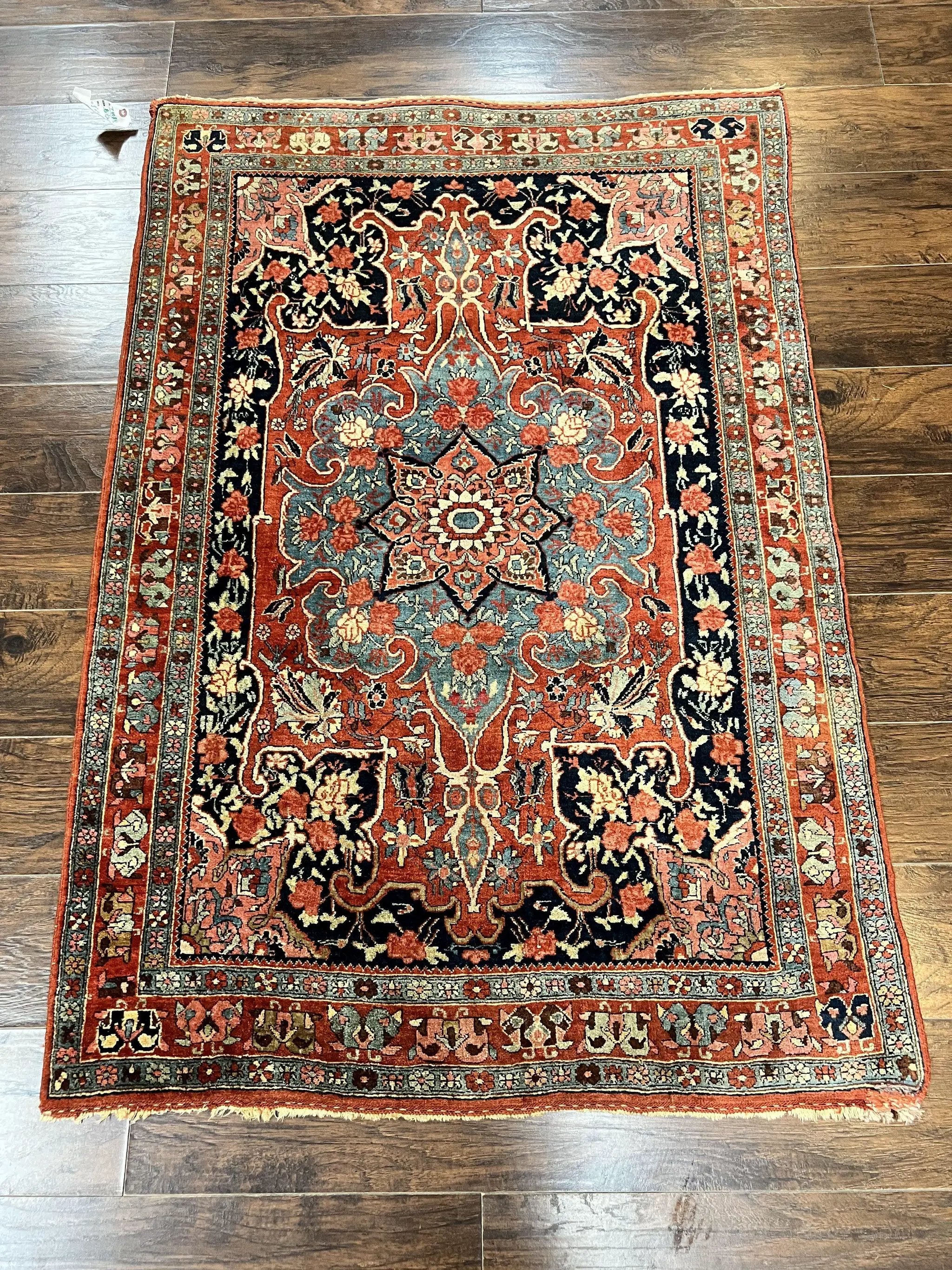 Antique Persian Bidjar Rug 4x5, Red and Blue, Hand Knotted Wool Carpet by Jewel Rugs