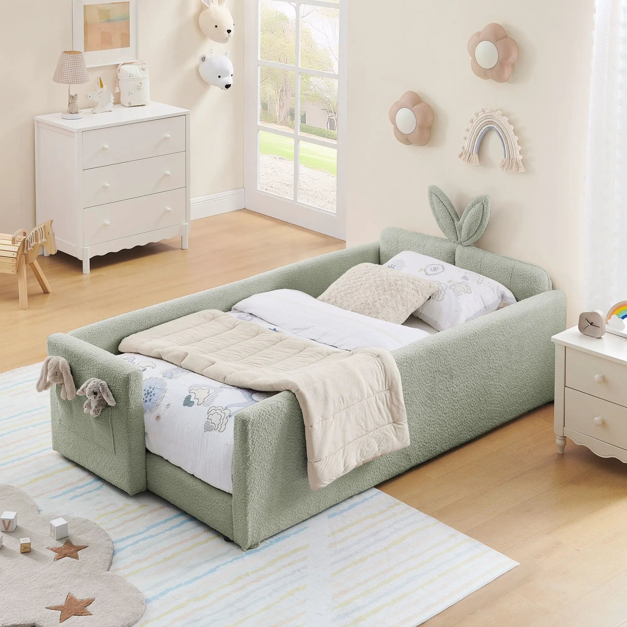 Cute Rabbit Ear Upholstered Platform Bed Frame With Safety Rail by Unique Piece Furniture