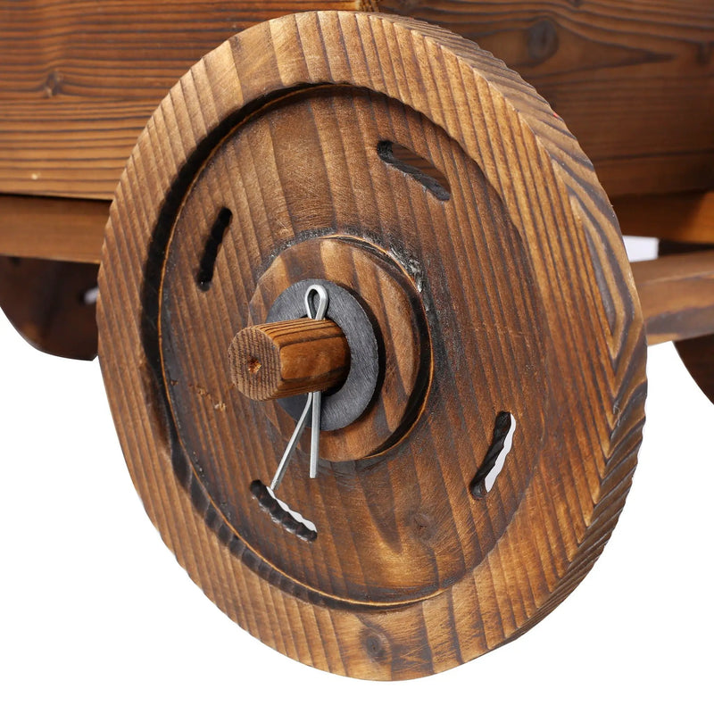 Wooden Wagon Planter Box Mobile Garden Planter With Wheels Handle Drain Hole Wood - Brown by HouseOfZazla
