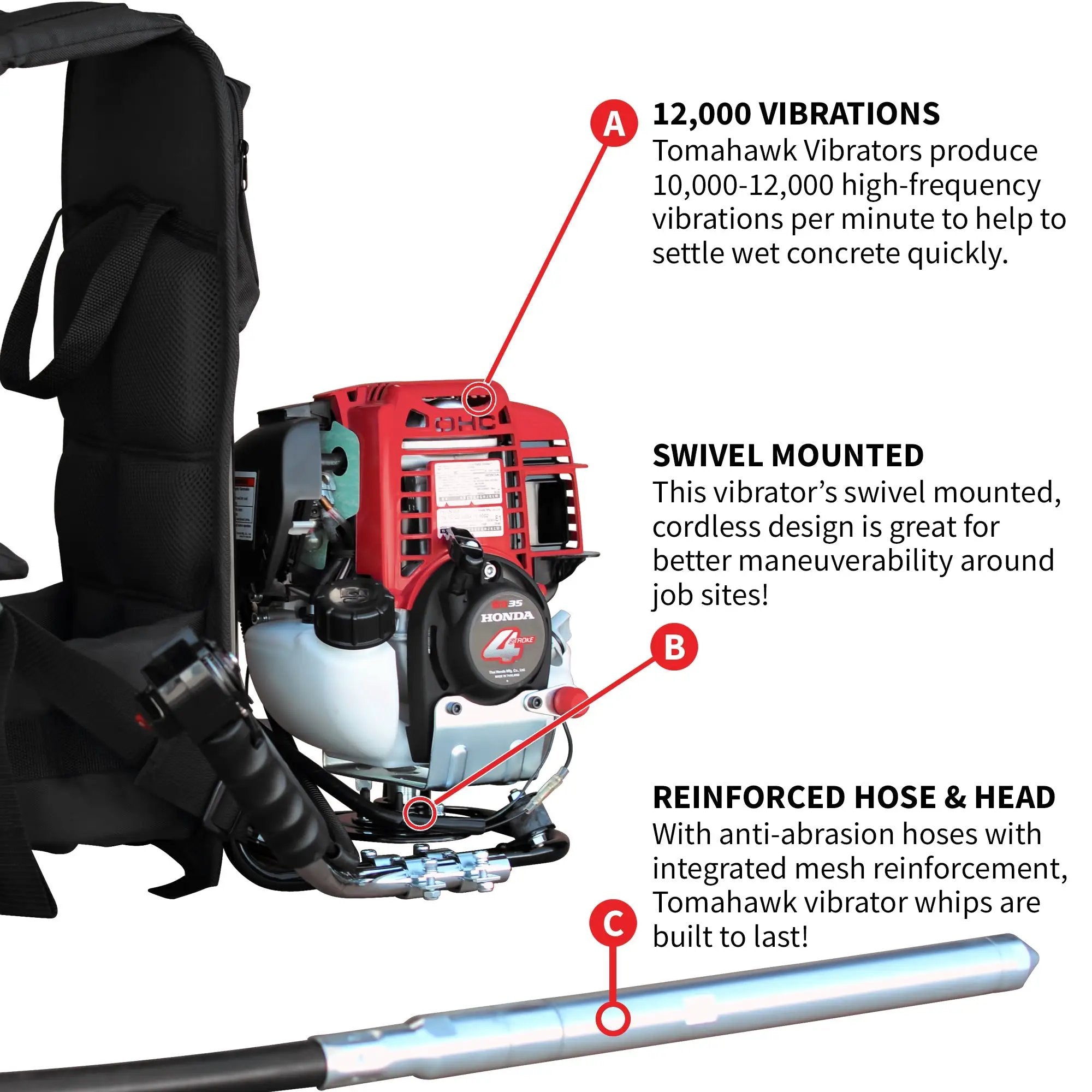 2HP Honda Concrete Vibrator with Flex Shaft Cable Whip Backpack by Tomahawk Power