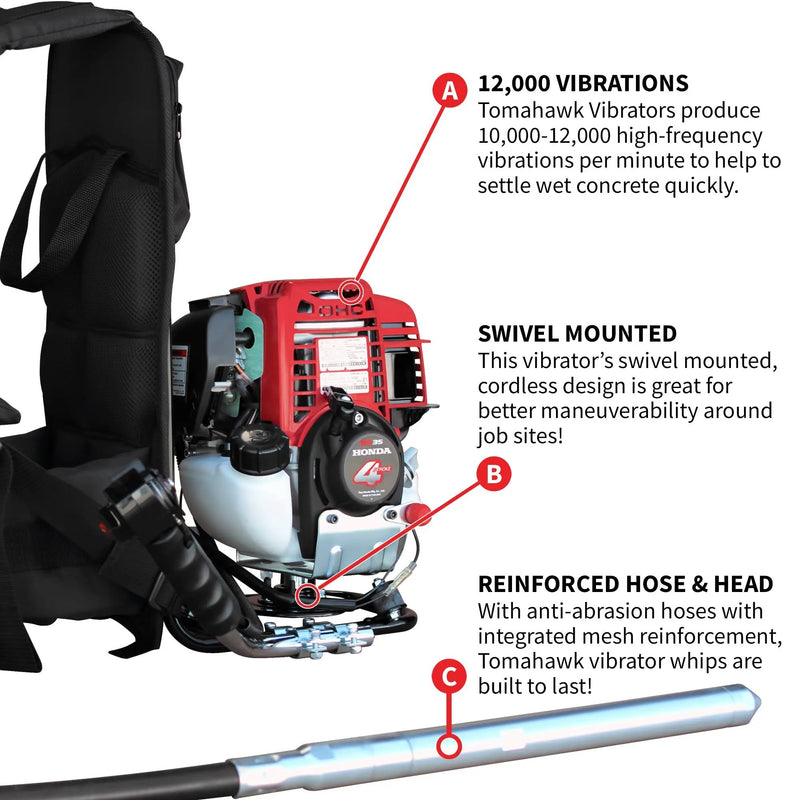 2HP Honda Concrete Vibrator with Flex Shaft Cable Whip Backpack by Tomahawk Power