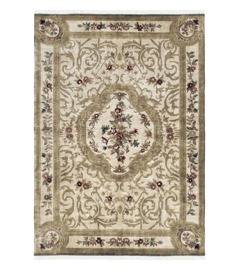 Vintage Nepali Tibetan Aubusson Rug 6x9, Wool Hand-Knotted Cream Beige Carpet, Leaves & Floral Pattern 6 x 9 Soft Area Rug Home Office Rug by Jewel Rugs