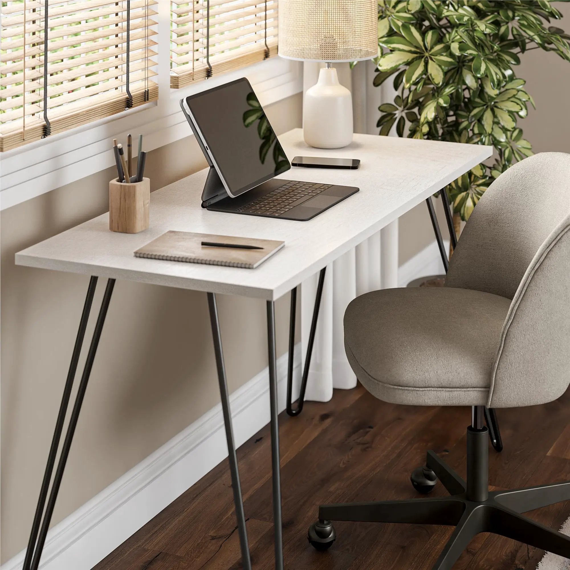 Writing Desk With Hairpin Legs For Study Or Work - White Oak by Unique Piece Furniture