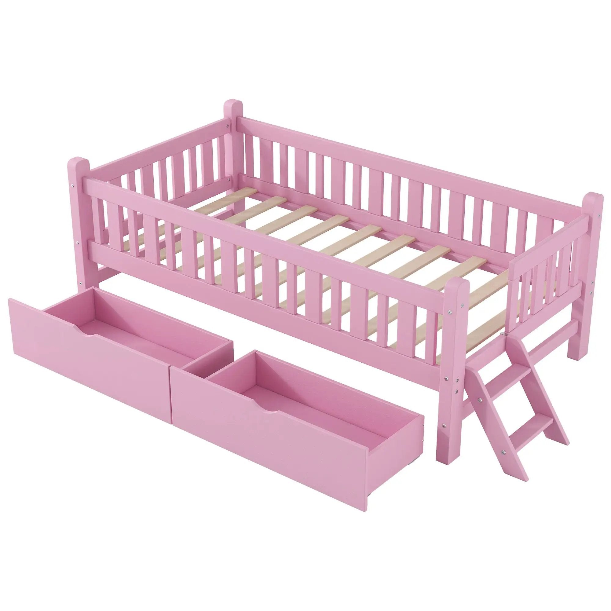 Platform Bed With Guardrail And 2 Drawers