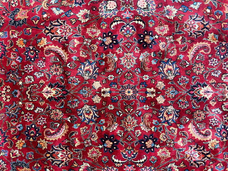 Signed Persian Mashad Rug 8x10, Wool Oriental Carpet, Semi Antique Rug, Hand Knotted, Traditional, Red, Floral Allover, by Jewel Rugs