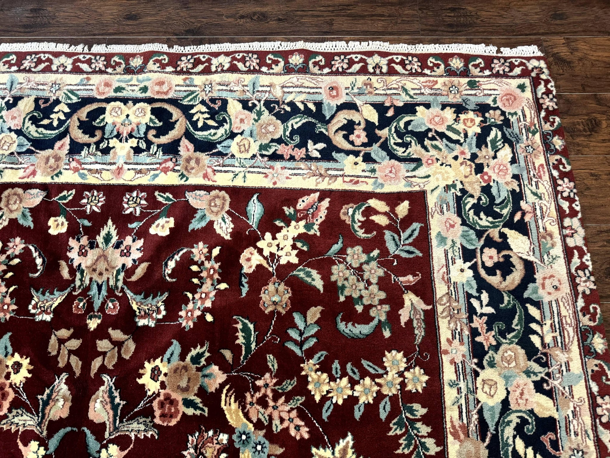 Indo Persian Rug 8x10, Floral Allover with Bird Pictorials, Maroon and Navy Blue, Handmade Wool Area Rug by Jewel Rugs