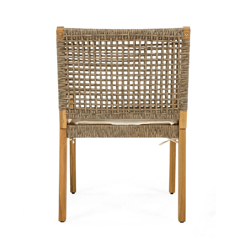 Outdoor Dining Chair Set of 4 - Acacia Wood and Wicker with Cream Cushion by HouseOfZazla