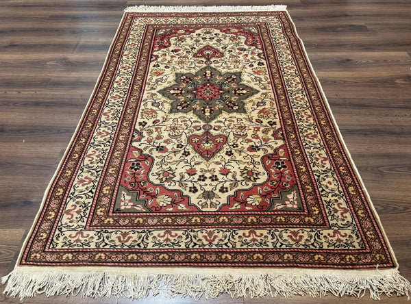 Turkish Sivas Rug 4x6, Floral Medallion, Beige Pink-Red Green, Handmade, photo 2 of 13