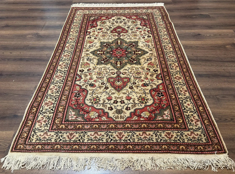 Turkish Sivas Rug 4x6, Floral Medallion, Beige Pink-Red Green, Handmade by Jewel Rugs