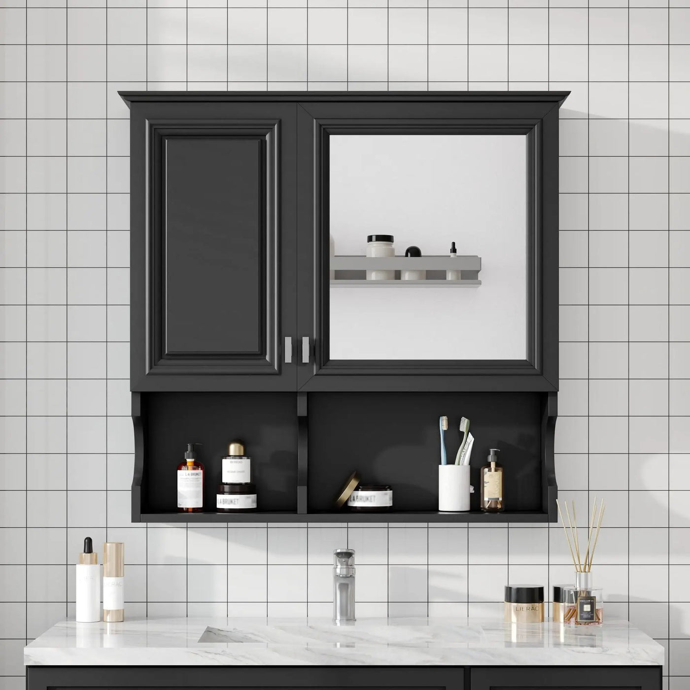Wall Mounted Mirror Medicine Cabinet, Bathroom Storage With Doors And Open Shelves by Unique Piece Furniture
