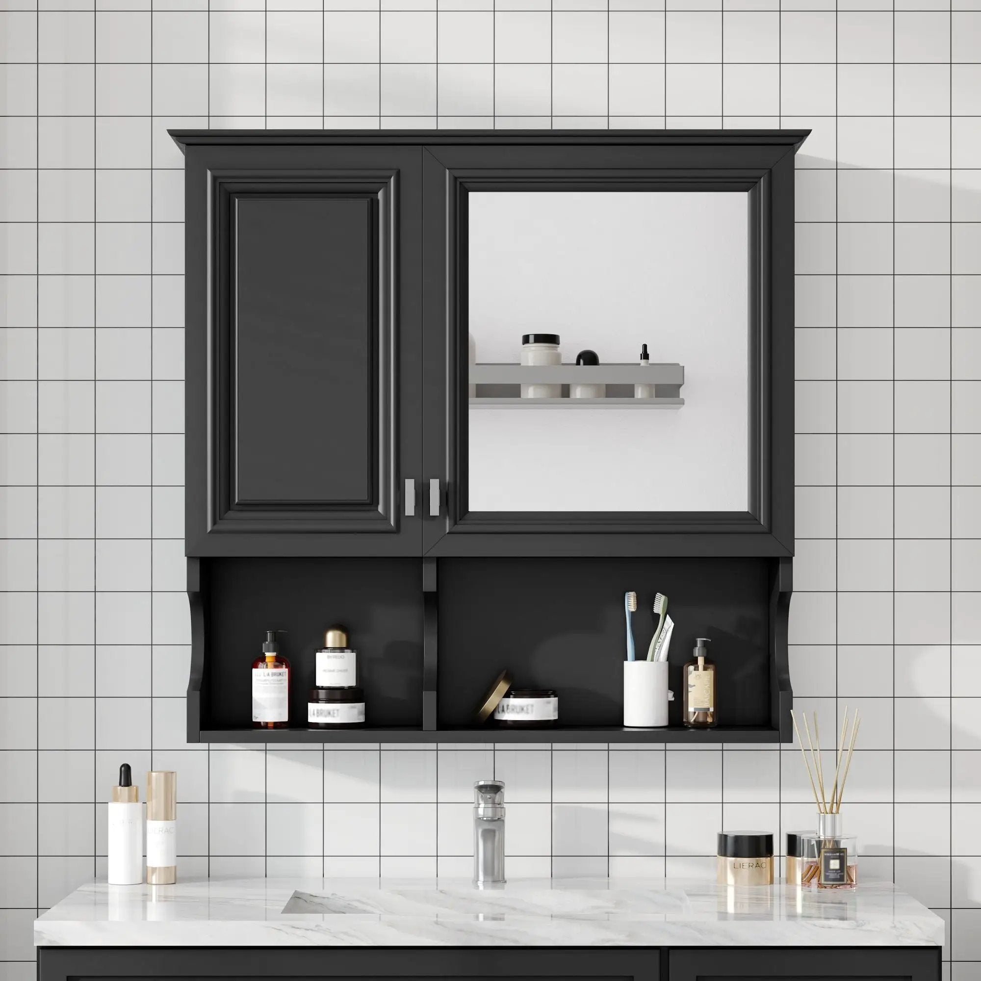 Wall Mounted Mirror Medicine Cabinet, Bathroom Storage With Doors And Open Shelves by HouseOfZazla