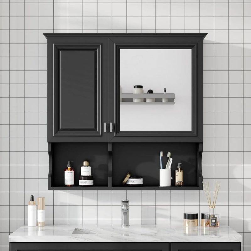 Wall Mounted Mirror Medicine Cabinet, Bathroom Storage With Doors And Open Shelves by HouseOfZazla
