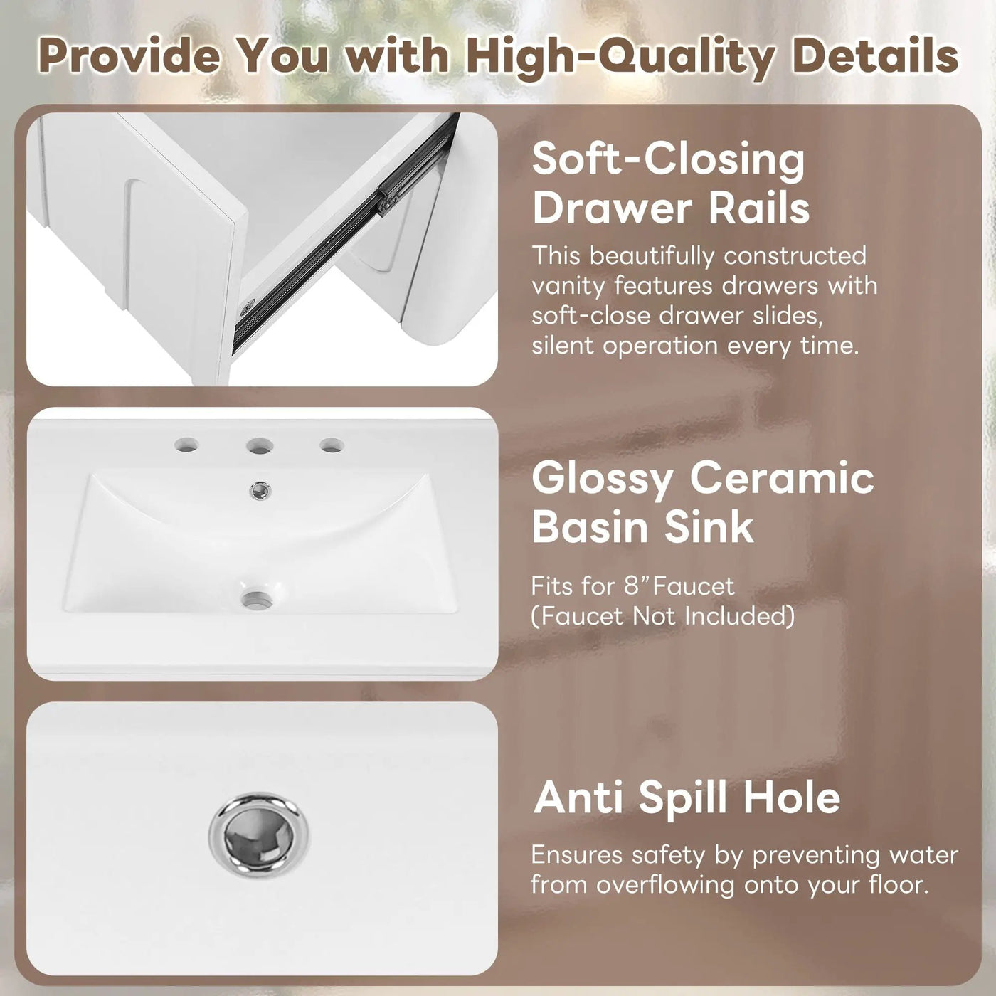 Floating Bathroom Vanity With Oval Knobs & Round Edge, Soft Close Drawer Slides by HouseOfZazla