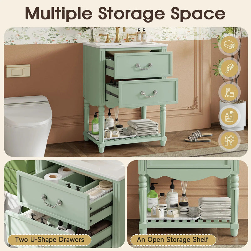 Wave Design Bathroom Vanity With Sink, 2 Drawers And Open Shelf