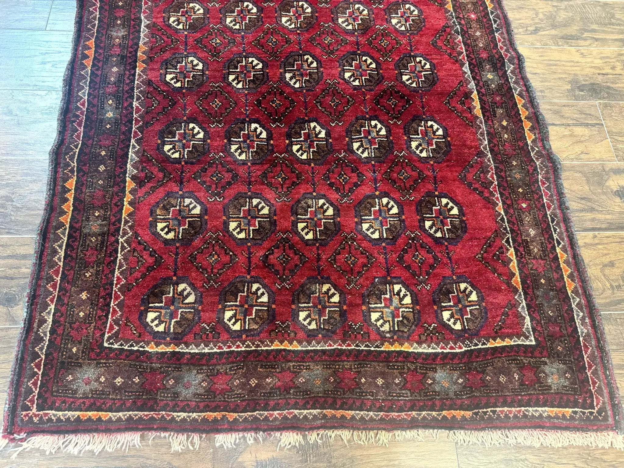 Persian Turkoman Tribal Rug 4x8, Handmade Vintage Wool Carpet, Red, Bohemian Rug by Jewel Rugs