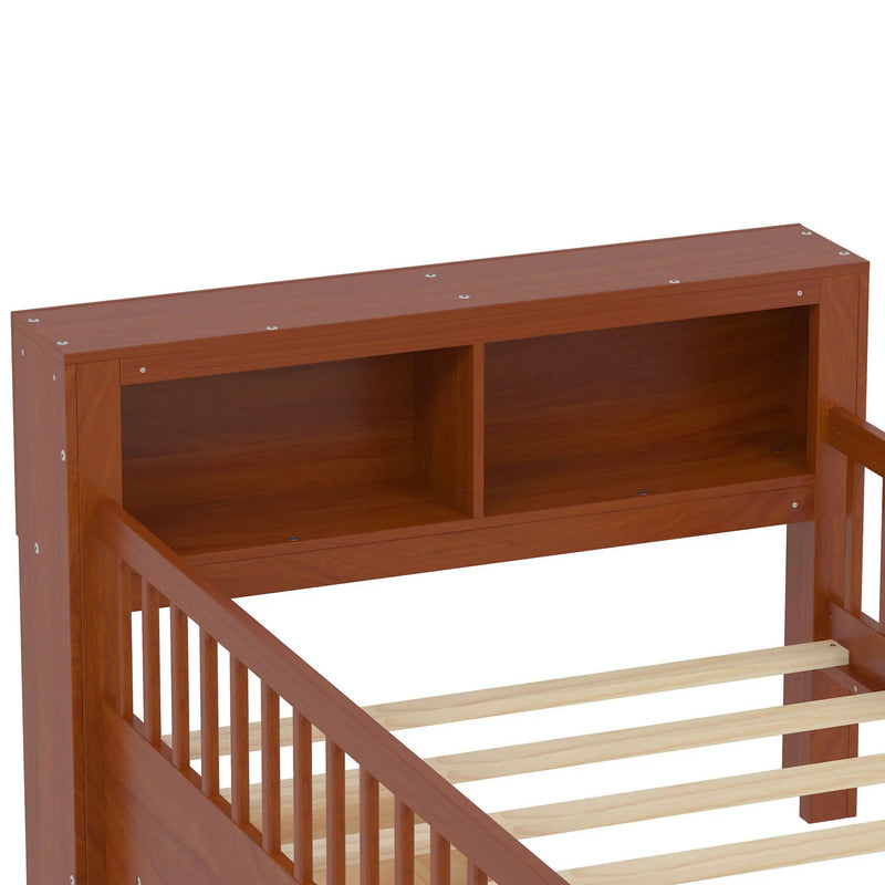Bed With Headboard Storage Rack, 2 Under Bed Drawers, 3 Side Guardrails For Safety by HouseOfZazla