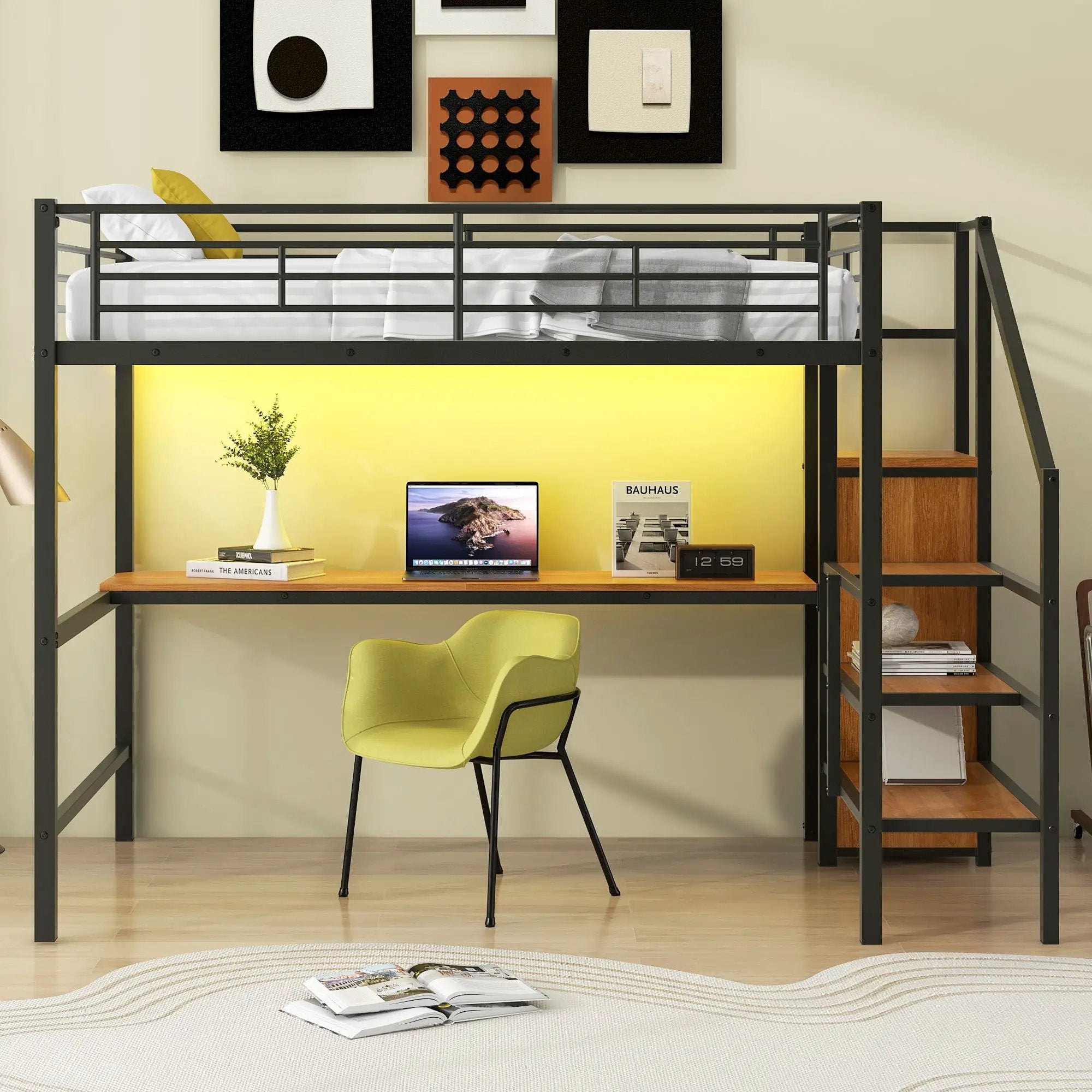 Loft Bed With Desk, Storage Staircase, Small Wardrobe And LED Light by Unique Piece Furniture