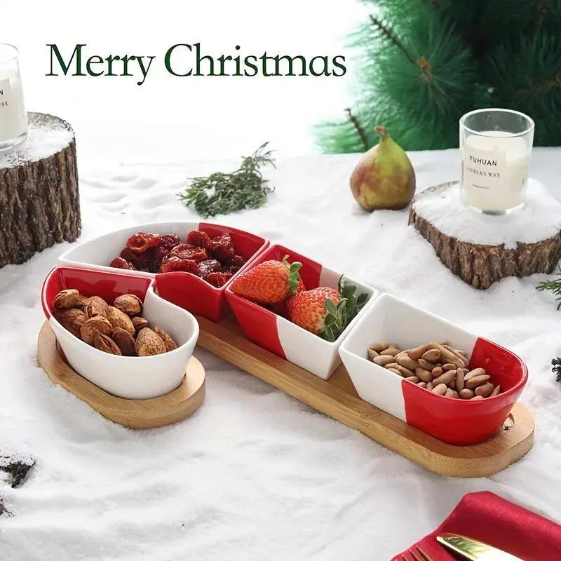 Bamboo Christmas Candy Cane Tray with 3 Holiday Sweet Containers by House Of Avana