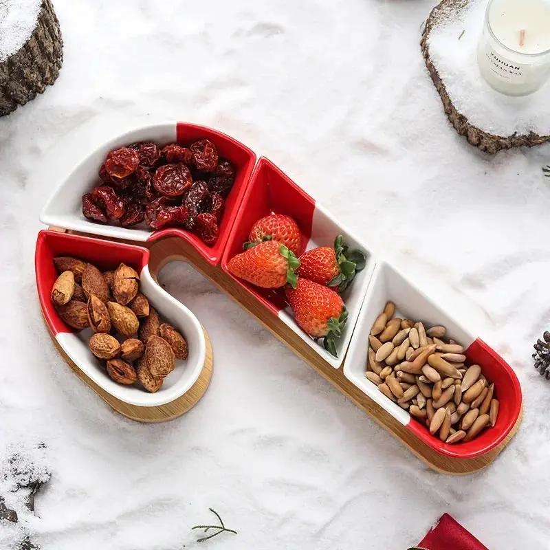 Bamboo Christmas Candy Cane Tray with 3 Holiday Sweet Containers by House Of Avana